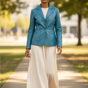 Vtg Turquoise Blue leather Jacket classic blazer style excellent condition S